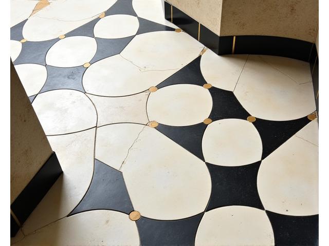 ジンザブルームの床に敷かれたアールデコ様式の幾何学模様のタイル。